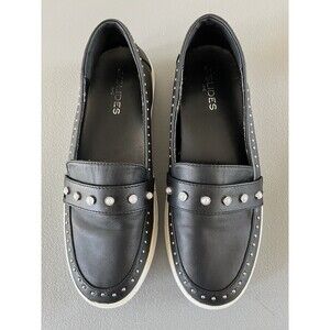 J/Slides NYC Black Leather Pearl & Silver Studded Slip-on Loafers Womens Sz 8.5